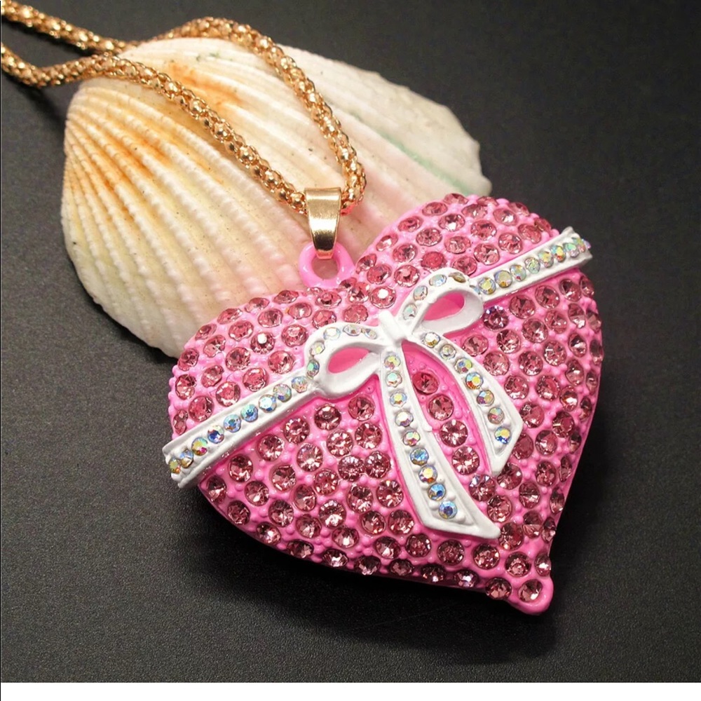 Crystal Pink Bow Heart Necklace